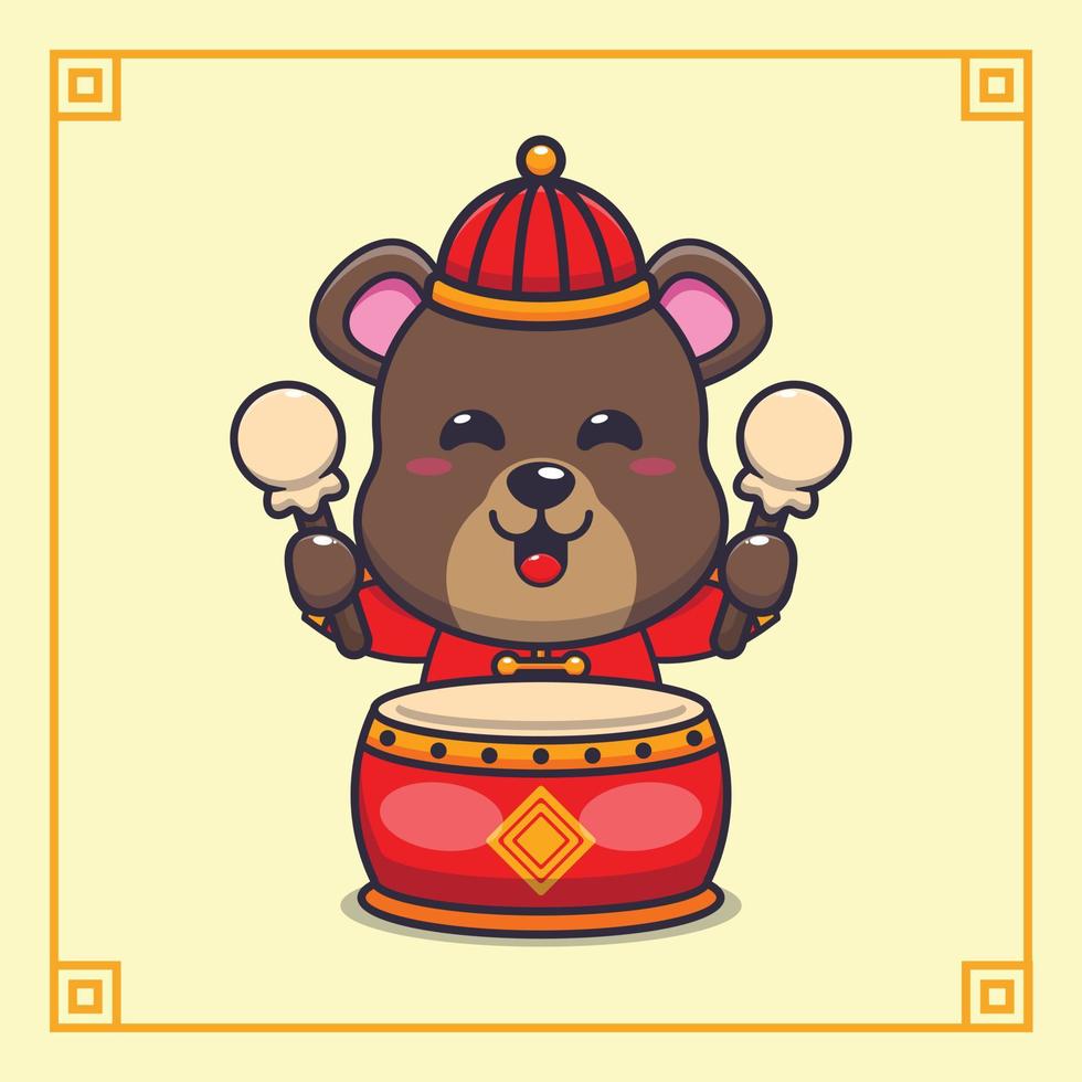 süßer bär, der trommel im chinesischen neujahr spielt. vektorkarikaturillustration passend für plakat, broschüre, web, maskottchen, aufkleber, logo und symbol. vektor