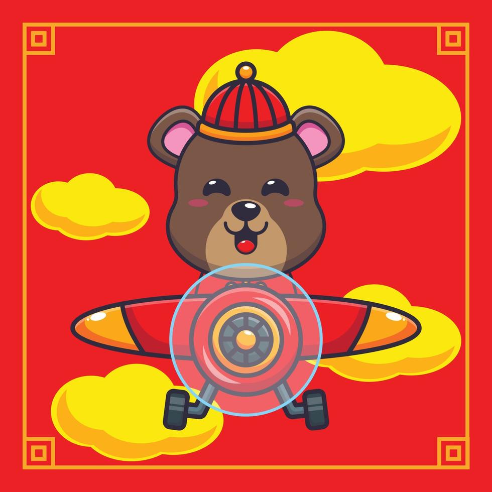 süße bärenfliege mit flugzeug im chinesischen neujahr. vektorkarikaturillustration passend für plakat, broschüre, web, maskottchen, aufkleber, logo und symbol. vektor