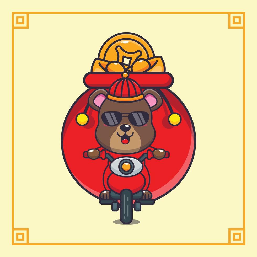 süßer bär, der im chinesischen neujahr ein motorrad mit viel gold fährt. vektorkarikaturillustration passend für plakat, broschüre, web, maskottchen, aufkleber, logo und symbol. vektor