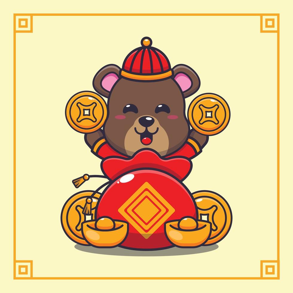 süßer glücklicher bär im chinesischen neujahr. vektorkarikaturillustration passend für plakat, broschüre, web, maskottchen, aufkleber, logo und symbol. vektor