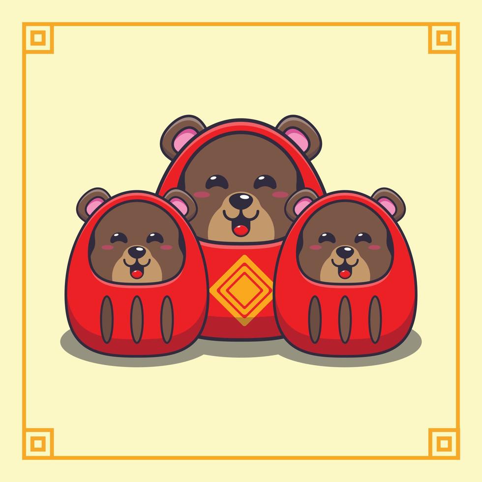 süßer bär mit daruma-puppenkostüm im chinesischen neujahr. vektorkarikaturillustration passend für plakat, broschüre, web, maskottchen, aufkleber, logo und symbol. vektor