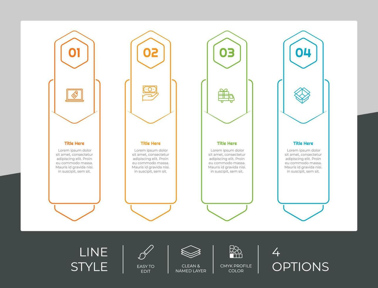 Präsentation Business Option Infografik mit Linienstil und farbenfrohem Konzept. 4 Infografikoptionen können für geschäftliche Zwecke verwendet werden. vektor