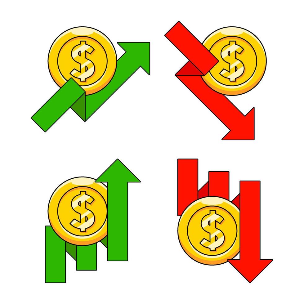 Münze Geld Symbol Finanzwirtschaftsdiagramm Goldmünze Cartoon-Stil Vektor wächst und nimmt Illustration ab