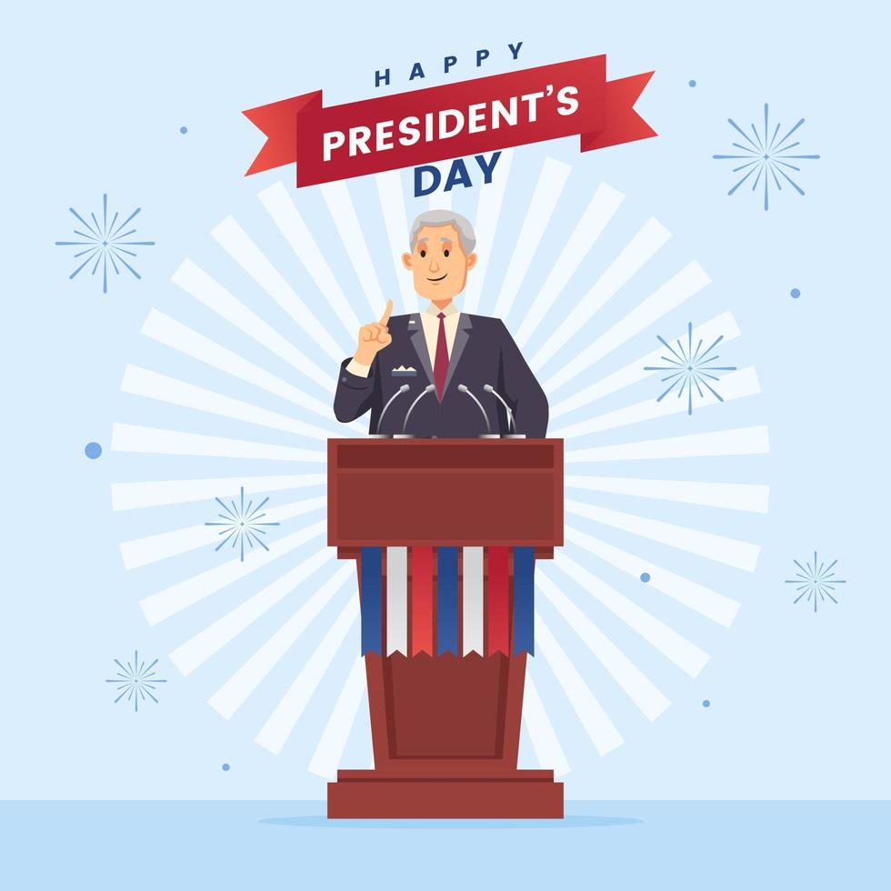 presidentens dag man Tal med fyrverkeri firande tecknad serie karaktär illustration bakgrund vektor