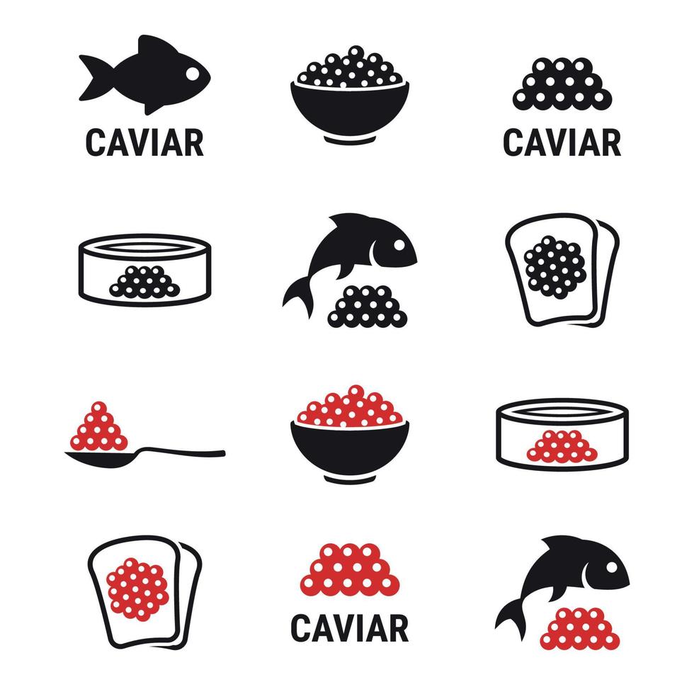 kaviar, rom, fisk ägg ikoner uppsättning. svart och röd på en vit bakgrund vektor