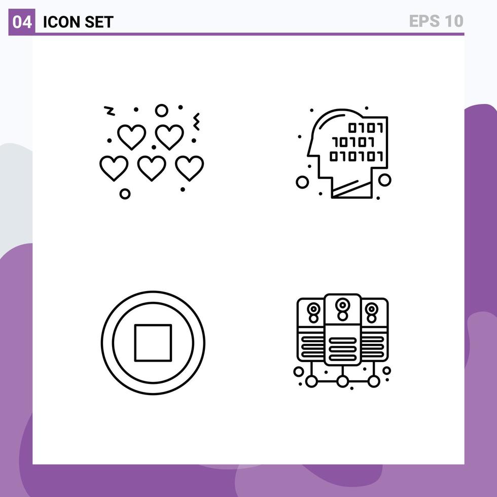 4 universell fylld linje platt färger uppsättning för webb och mobil tillämpningar hjärtan användare binär igenkännande server värd redigerbar vektor design element