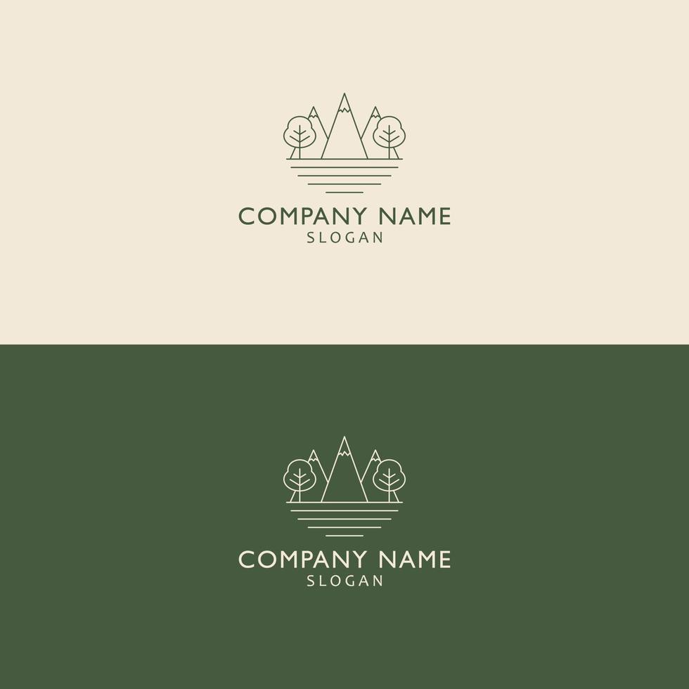 Berge und Bäume-Logo-Design. minimalistisches Tourismus- und Wandervektorlogo. Camping-Logo-Template-Design - Abenteuer Tierwelt Eichen Wald-Design vektor