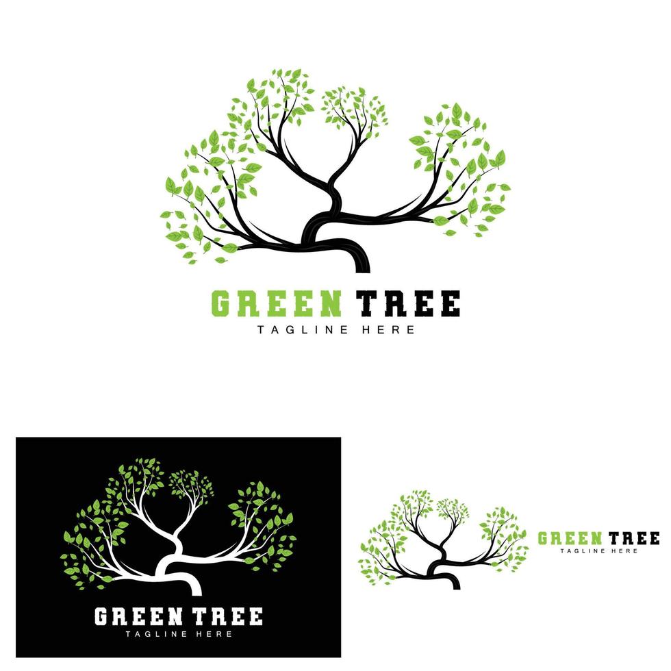 grön träd logotyp design, bonsai träd logotyp illustration, blad och trä vektor