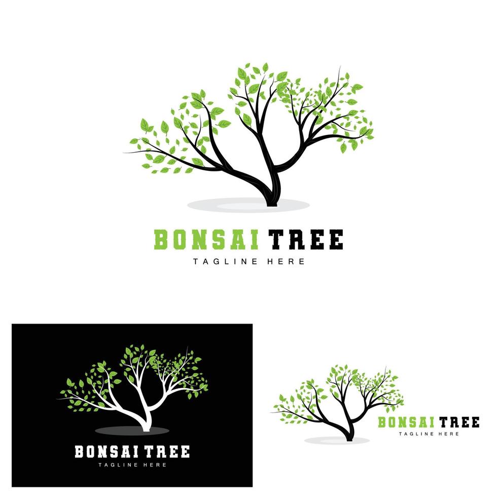 grünes Baum-Logo-Design, Bonsai-Baum-Logo-Illustration, Blatt- und Holzvektor vektor