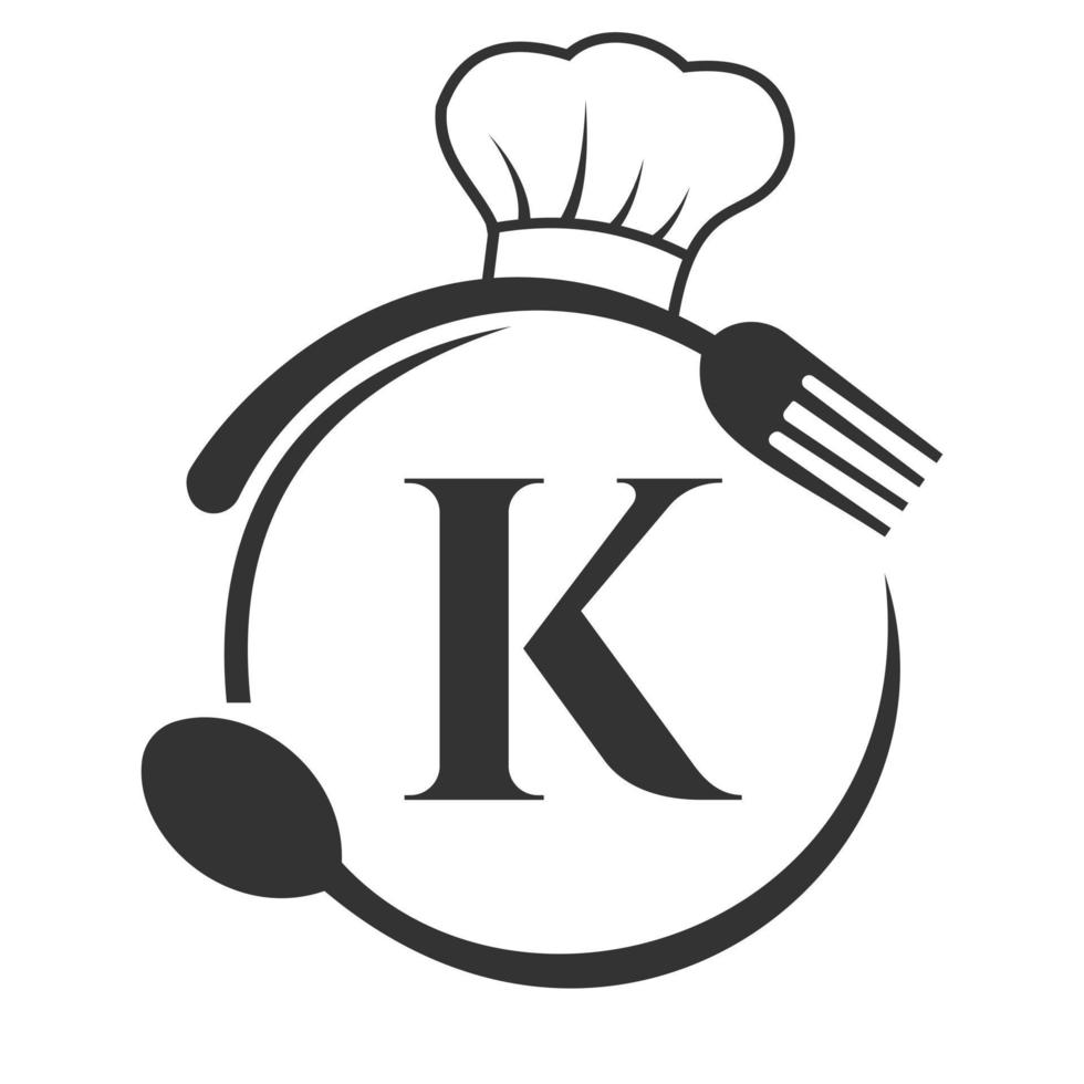 restaurantlogo auf buchstabe k konzept mit kochmütze, löffel und gabel für restaurantlogo vektor