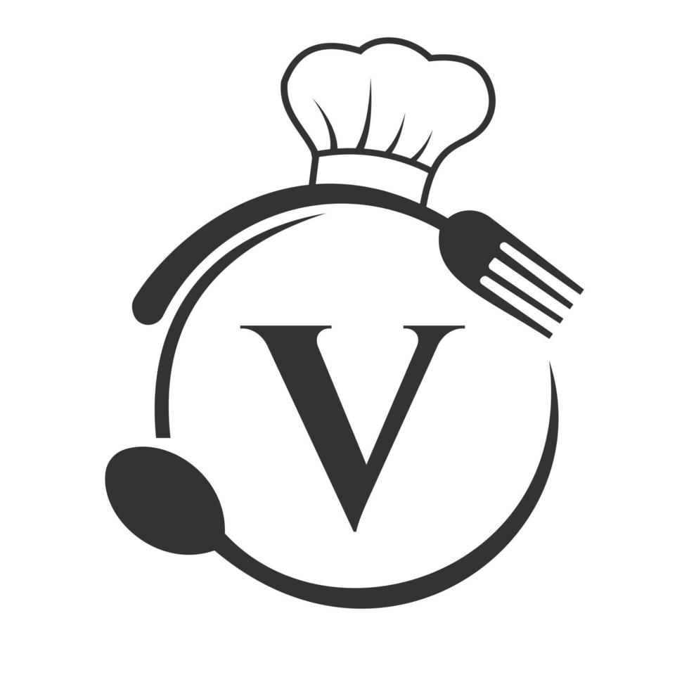 restaurantlogo auf buchstabe v konzept mit kochmütze, löffel und gabel für restaurantlogo vektor