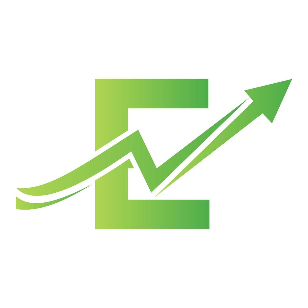 brev e finansiell logotyp med tillväxt pil. ekonomi logotyp tecken på alfabet vektor