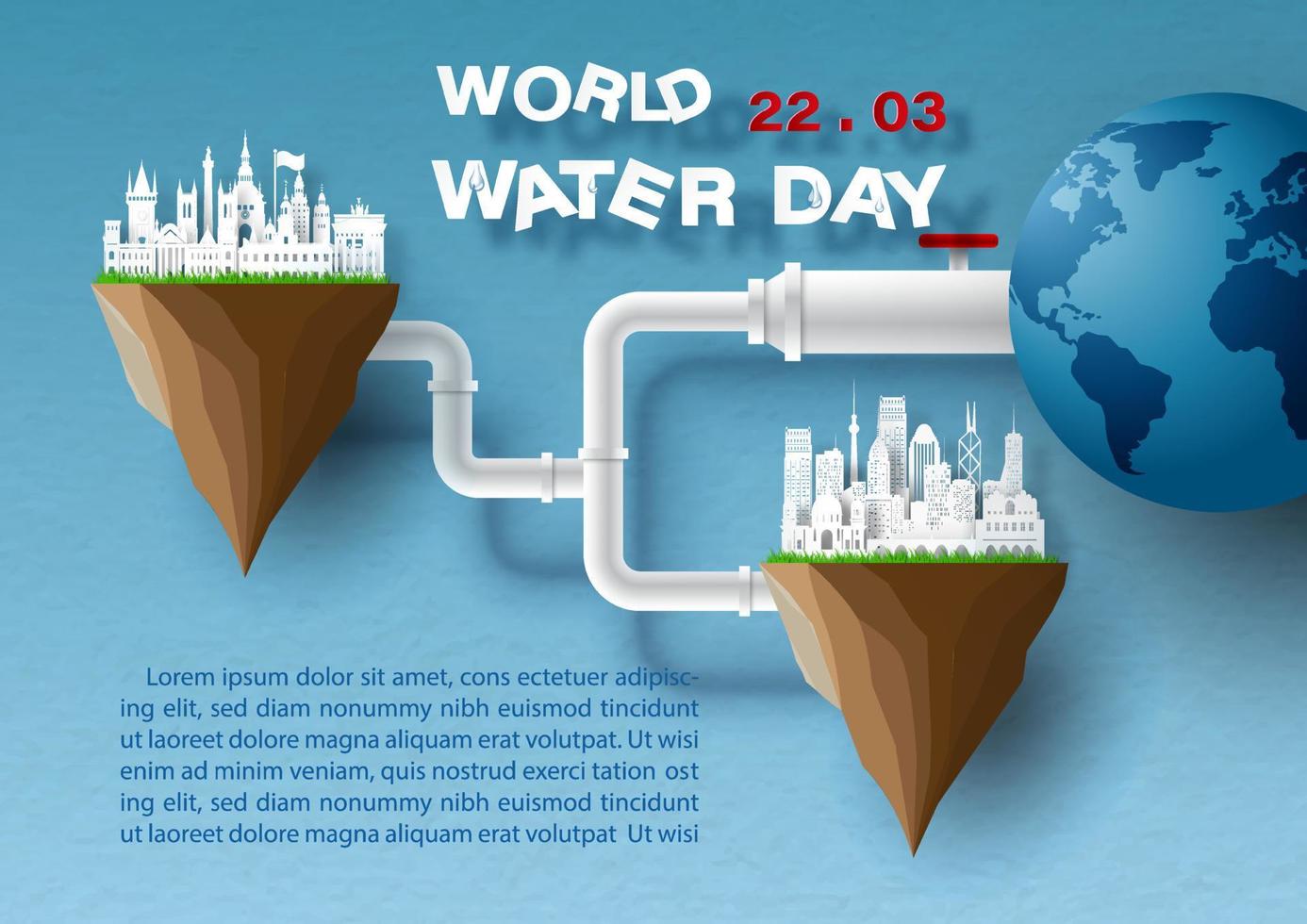 Wasserpfeife von global, um sich Stadt und Tag vorzustellen, Name des Ereignisses, Beispieltexte im Papierschnittstil auf blauem Farbverlaufspapiermusterhintergrund. Plakatkampagne zum Weltwassertag im Vektordesign vektor