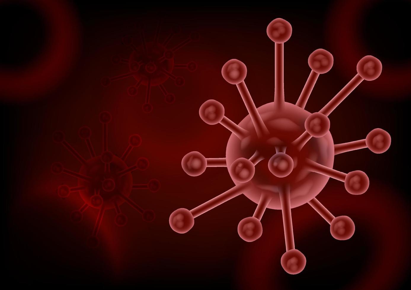 Nahaufnahme und Erntesymbole des Virus in Neonrot mit 3D-Mikroskopansicht auf verschwommenen Blutzellen und rotem Hintergrund. vektor