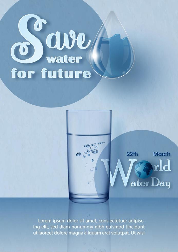 glas av vatten med lydelse av värld vatten dag i papper skära stil och glas liten droppe, exempel texter på blå bakgrund. affisch kampanj av värld vatten dag i vektor design.