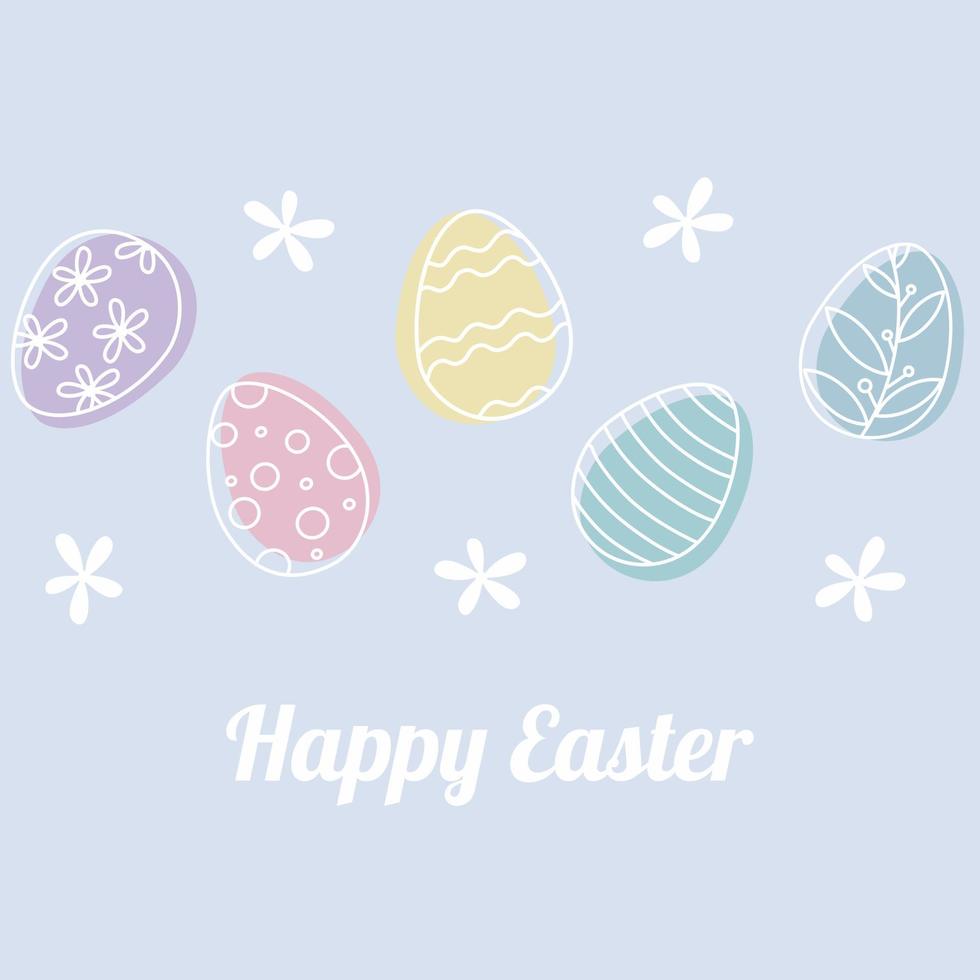 Fröhliche Ostergrußkarte mit Doodle-Eiern und Blumenrand auf hellviolettem Hintergrund. Vektorgrafik-Design. vektor