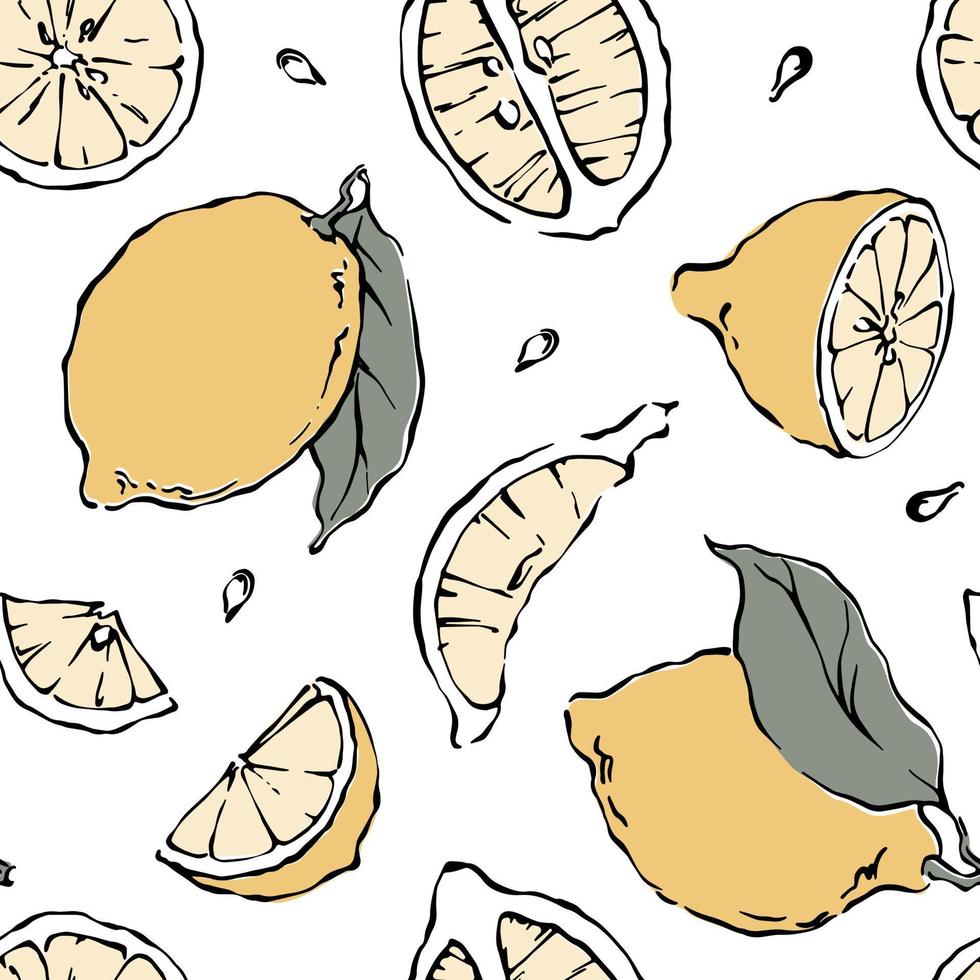 hand dragen citron- sömlös mönster med skära citron- skivor, löv, säden på vit bakgrund, vektor illustration