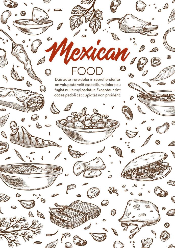 mexikansk mat, svartvit meny med maträtter vektor