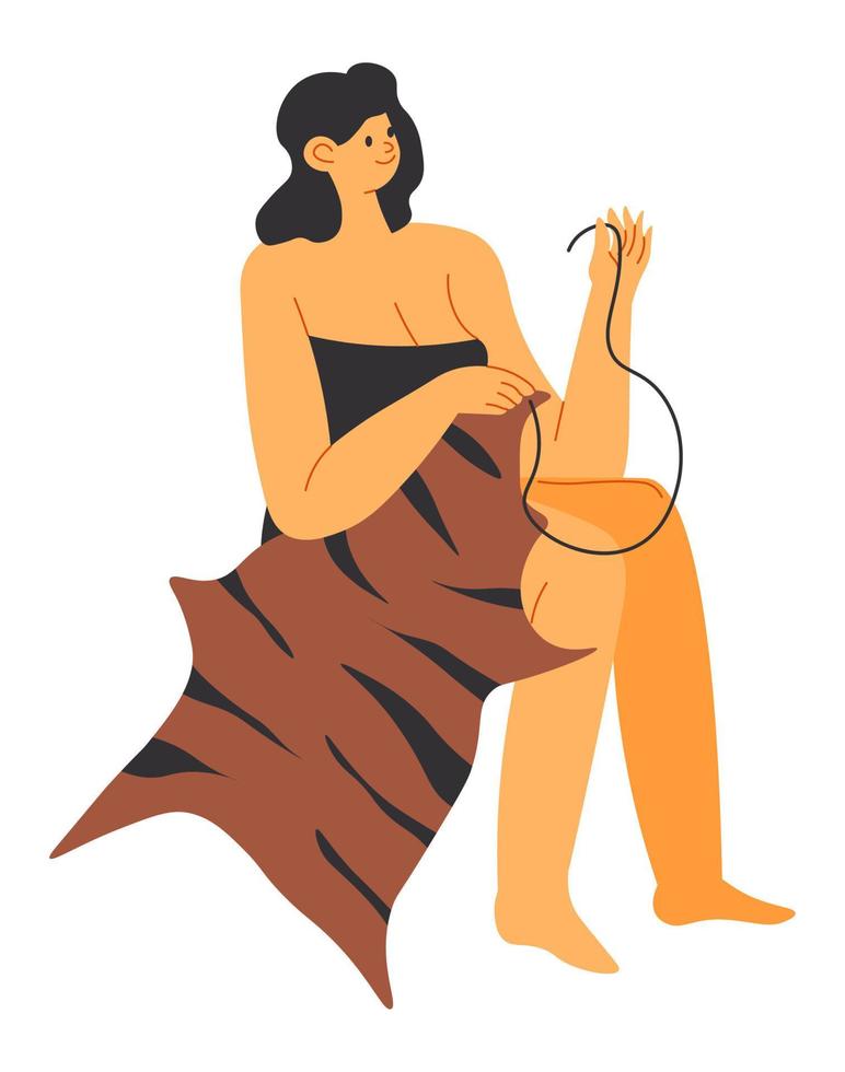 förhistorisk kvinna sömnad läder och päls kläder vektor