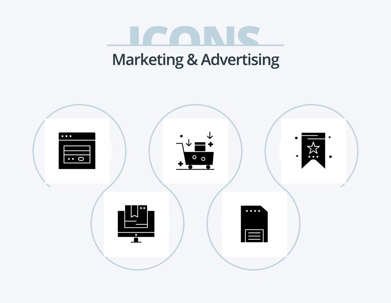 marknadsföring och reklam glyf ikon packa 5 ikon design. e-mailar. e-post kampanj. folder. e-post reklam. webb vektor
