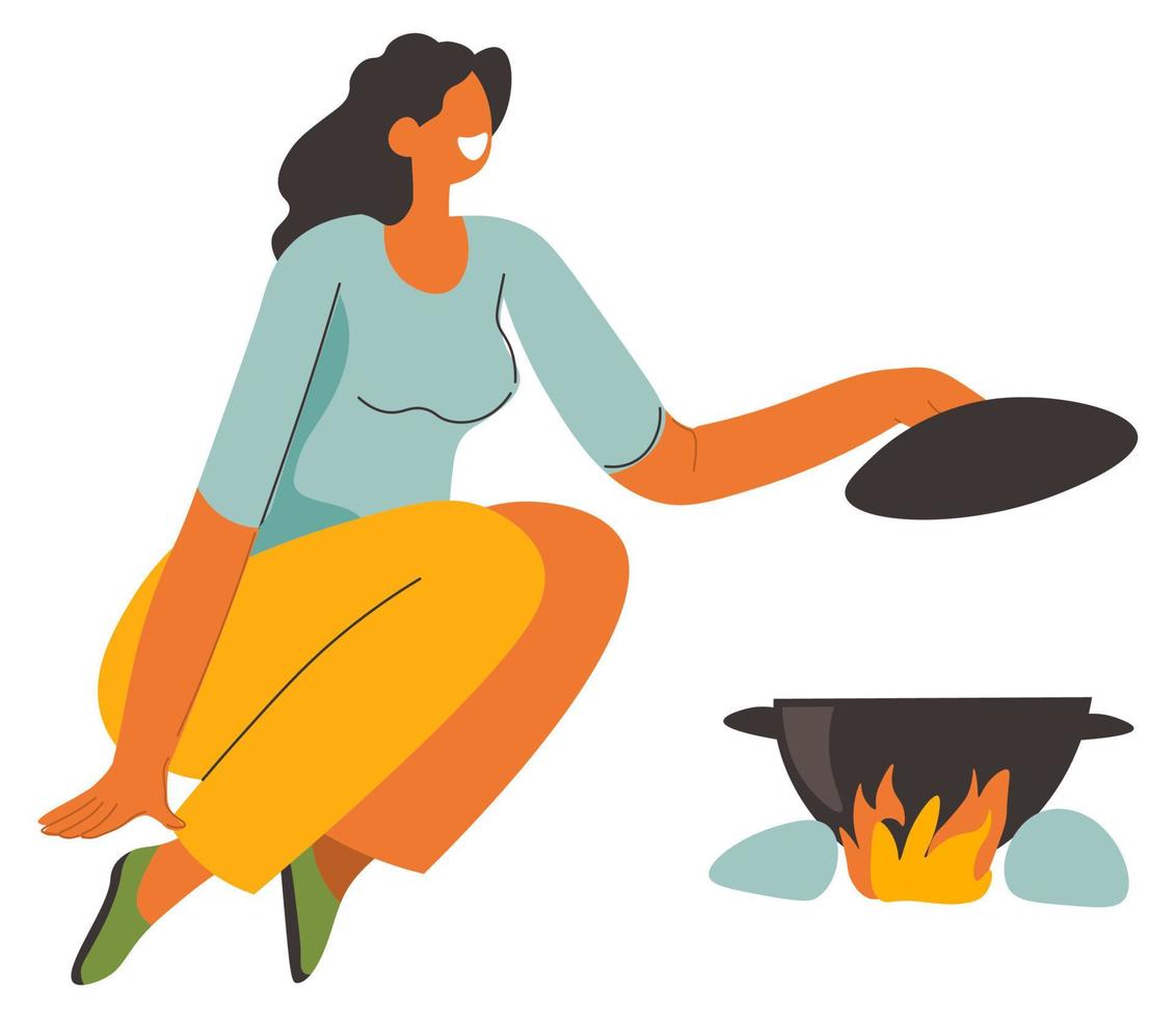 kvinna matlagning soppa på bål, camping helger vektor