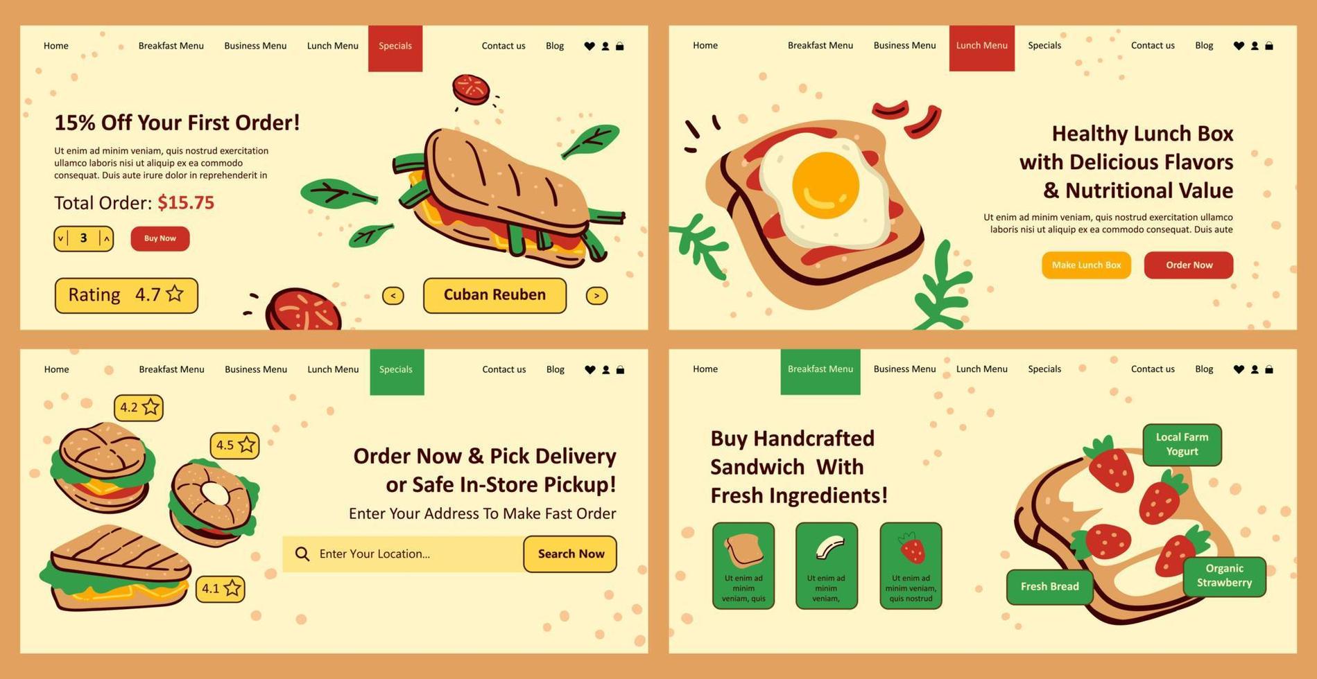 beställa smörgås uppkopplad, restaurang webb sida uppsättning vektor