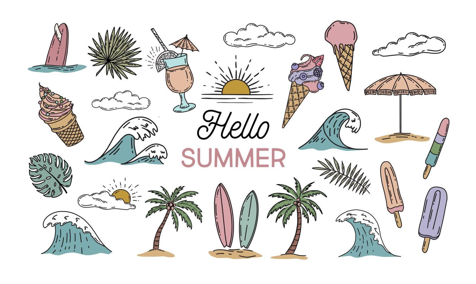 sommer-icon-set, handgezeichnete illustration vektor