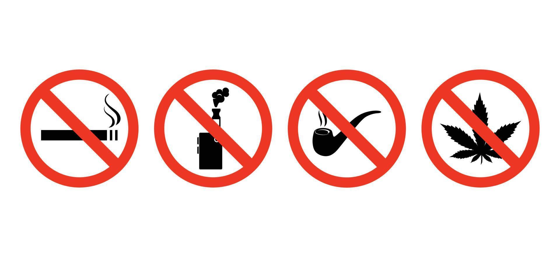 förbjuder vektor tecken. Nej rökning, Nej cannabis, Nej läkemedel, Nej vaping