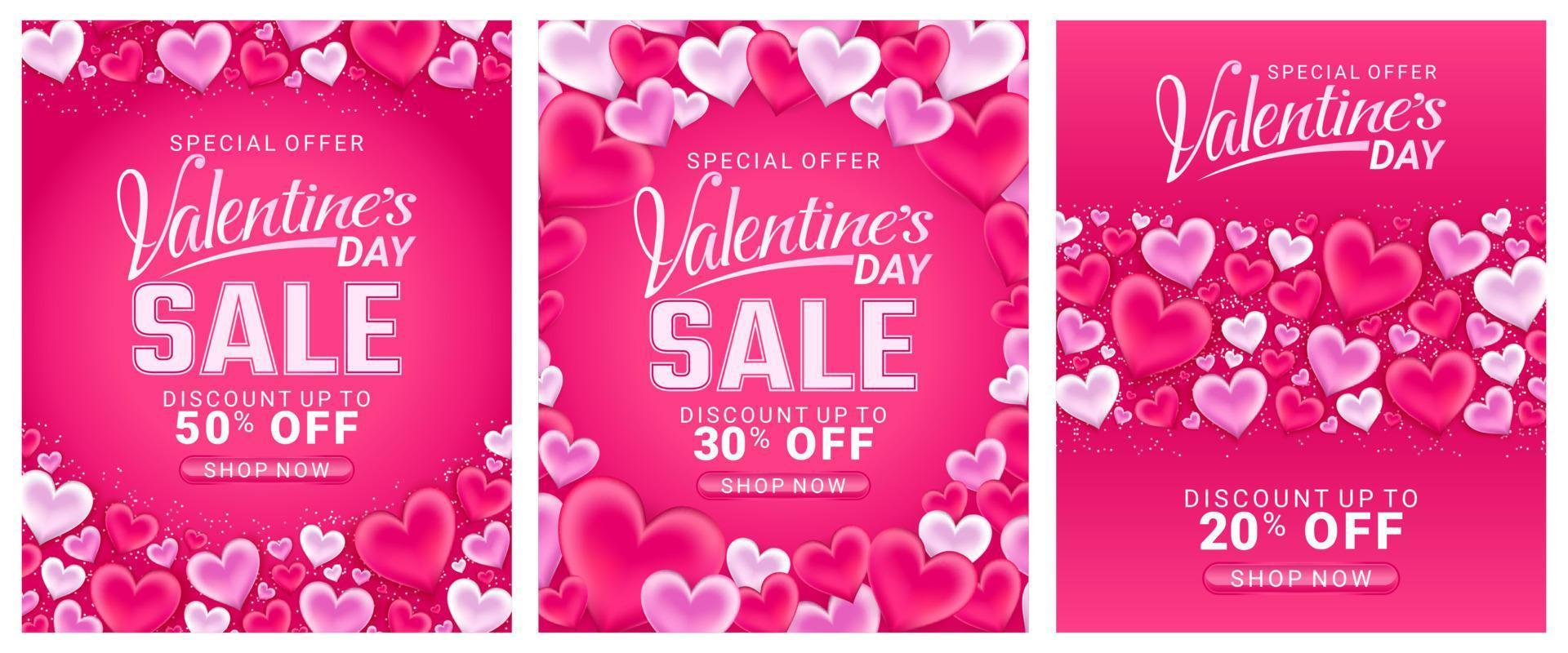 verkauf sonderangebot happy valentinstag grußhintergrund, satz abstrakter hintergründe mit liebe und muster rosa farbe für banner, poster, cover-design-vorlagen, social media-feed-tapetengeschichte vektor