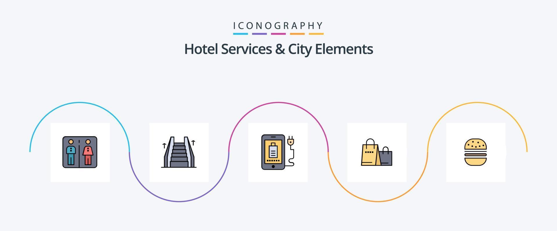 hotell tjänster och stad element linje fylld platt 5 ikon packa Inklusive snabbmat. affär. mobil . handla. väska vektor