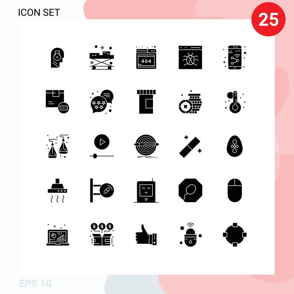 Gruppe von 25 modernen soliden Glyphen, die für die Entwicklung von Bug-Medizin-Browser-Web-editierbaren Vektordesign-Elementen festgelegt wurden vektor