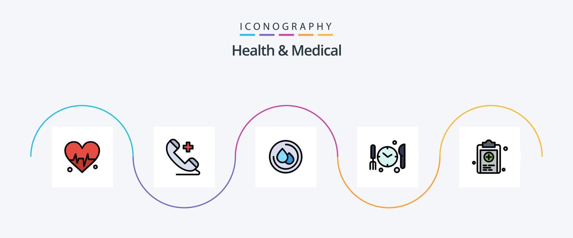 Gesundheit und medizinische Linie gefülltes flaches 5-Icon-Paket einschließlich. Medizin. sinken. medizinisch. Zeit vektor