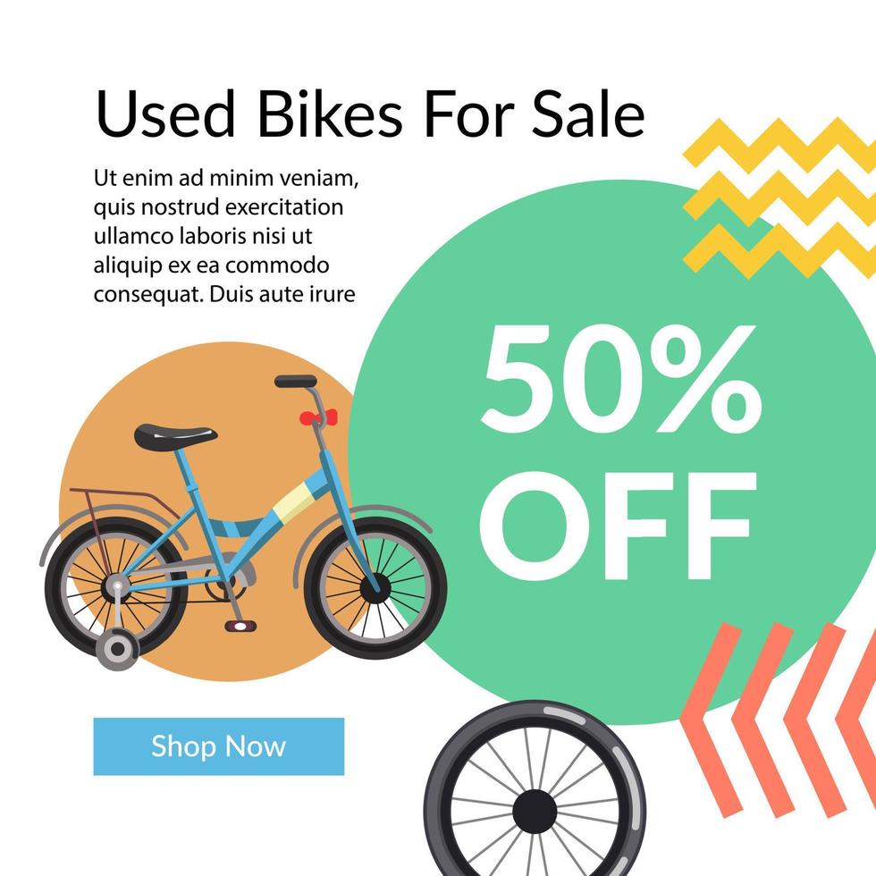 Begagnade Cyklar för försäljning, 50 procent av pris i affär vektor