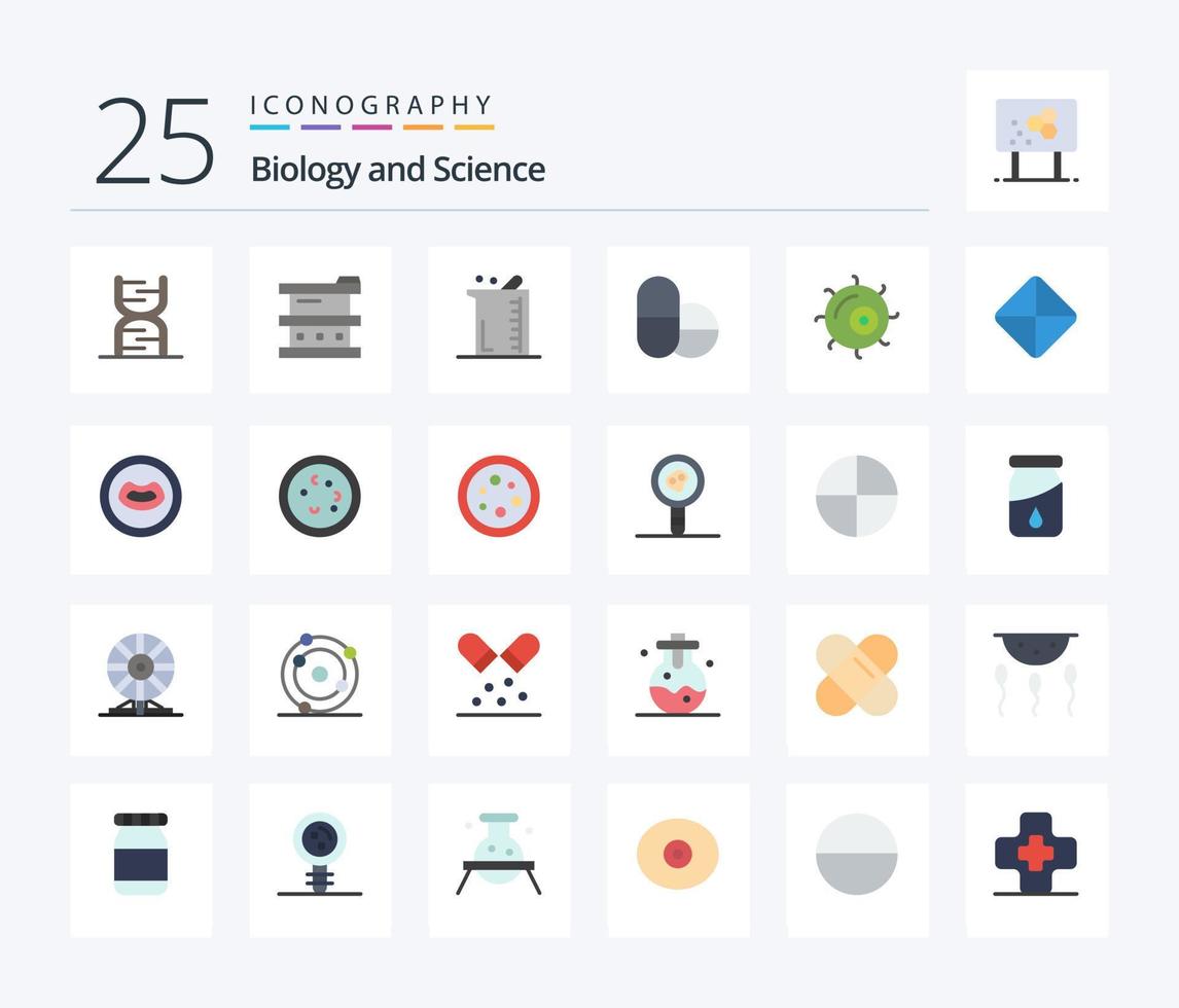 Biologie 25 flaches Farbsymbolpaket einschließlich Zelle. Tabletten. gefährlich. Labor. Biologie vektor