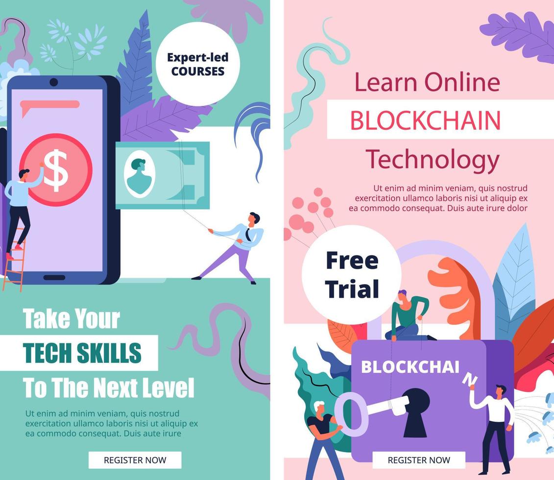 Blockchain-Technologie online lernen, Website-Seite vektor