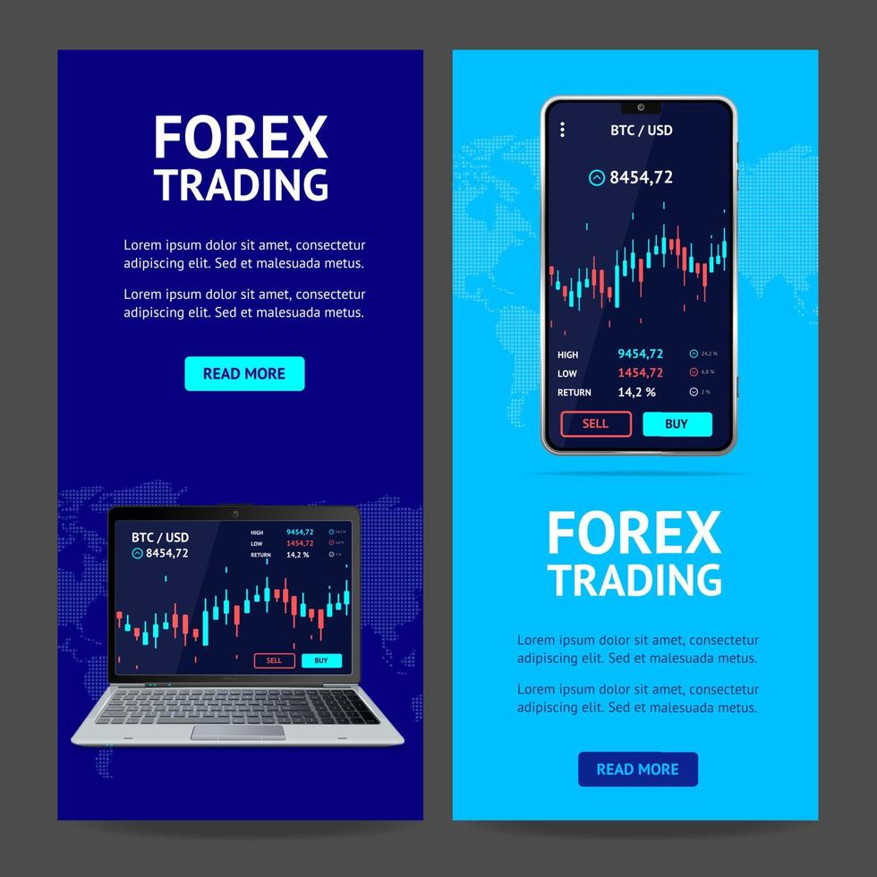 Forex-Trading-Banner-Vertikalset mit realistisch detailliertem 3D-Handy und Laptop. Vektor