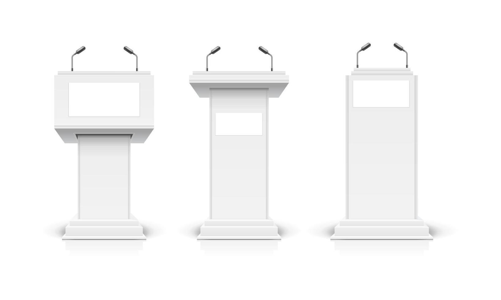 realistisches detailliertes 3d-weißes leeres podium tribüne debatte oder bühnenständer vorlagen-modellsatz. Vektor