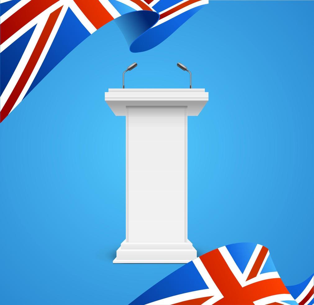 realistische 3d-detaillierte großbritannien-flagge und debattierpodium-bannerhintergrund. Vektor