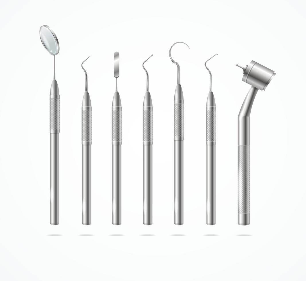realistisches, detailliertes 3D-Edelstahl-Profi-Dentalwerkzeug-Set. Vektor