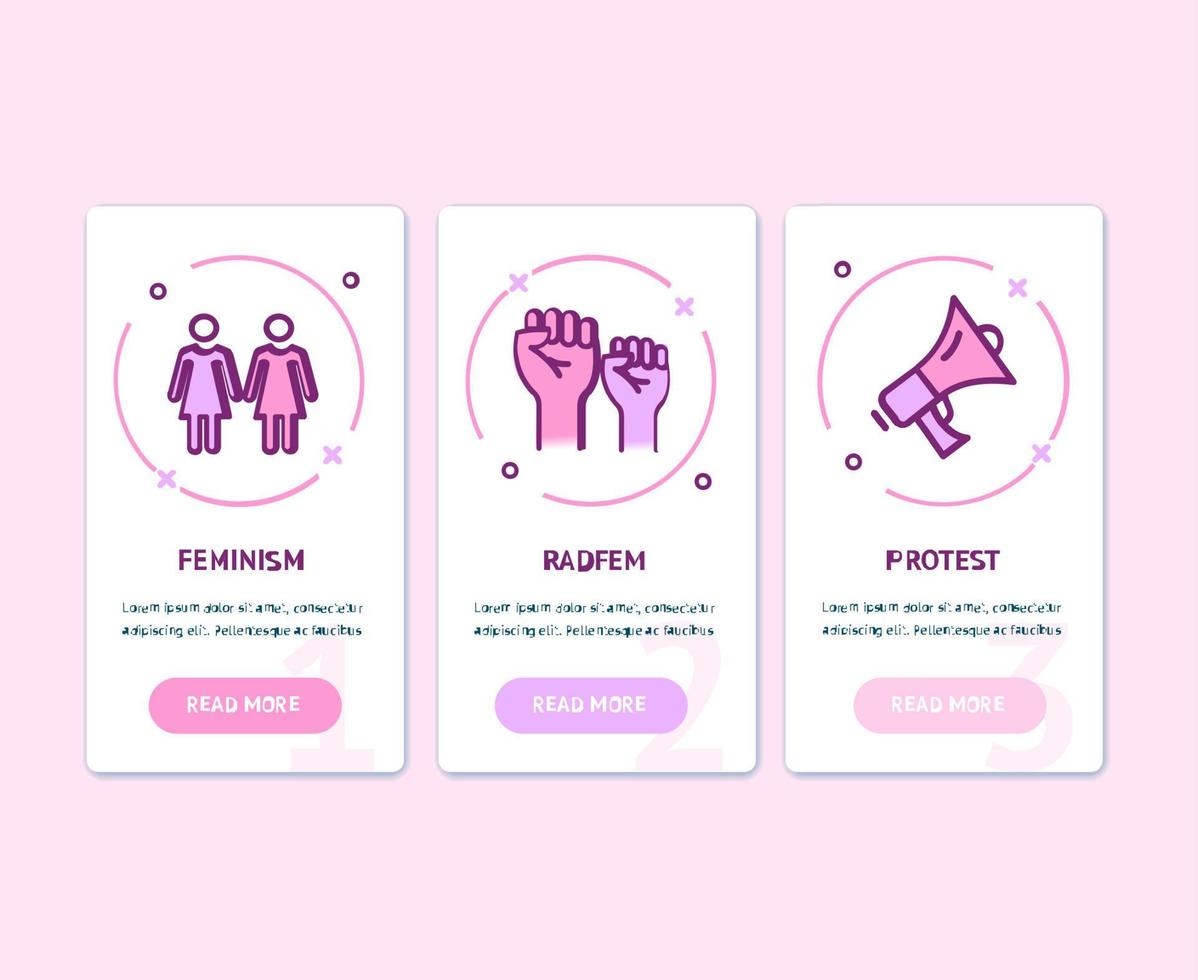 Feminismus-App-Bildschirme Web-Banner-Karten-Set. Vektor