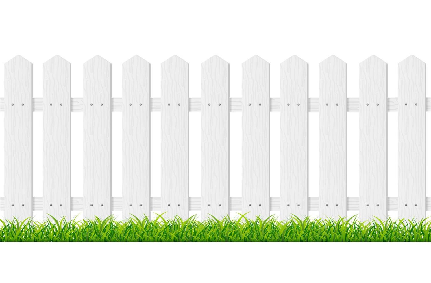 realistisk detaljerad 3d vit trä staket med grön gräs. vektor