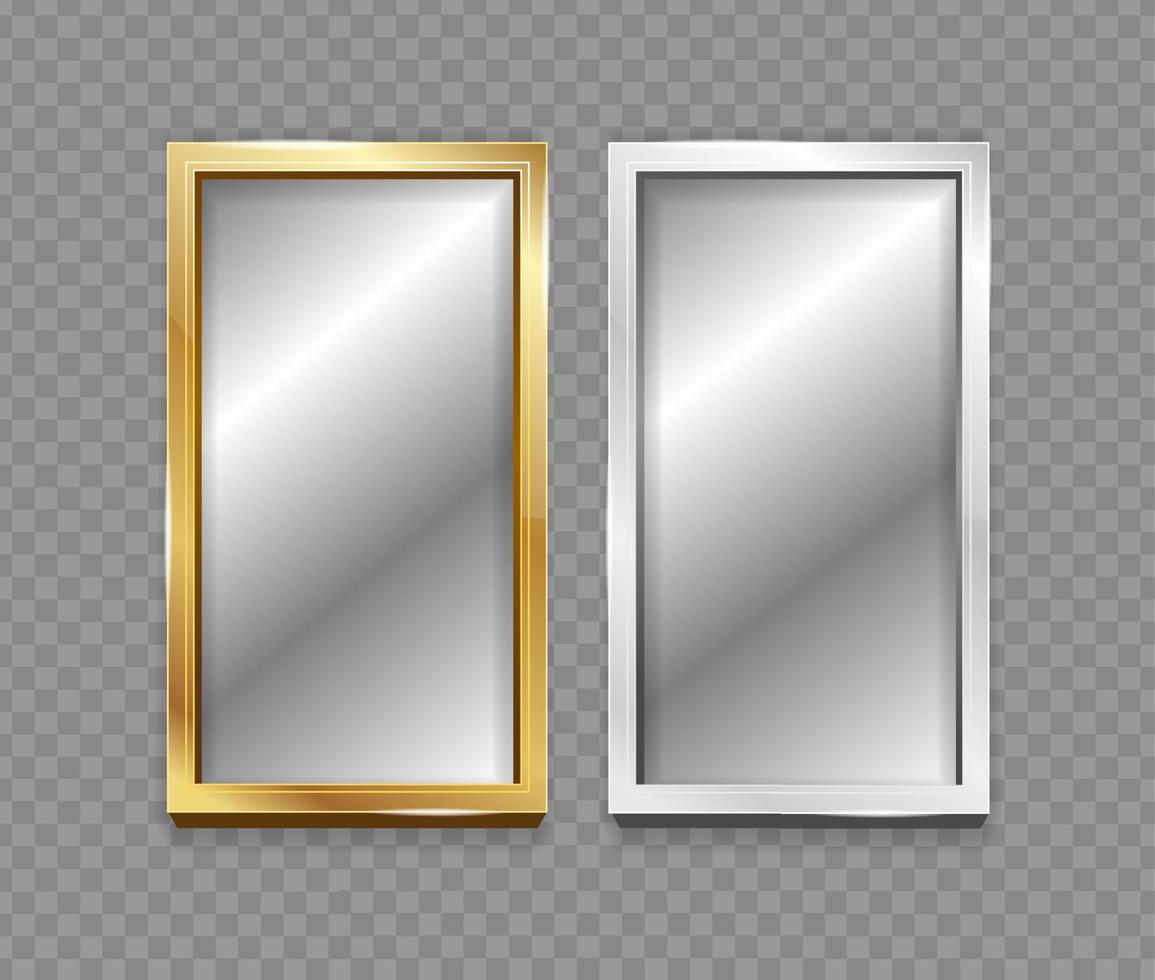 realistischer 3d-detaillierter spiegel mit silbernem und goldenem rahmenset. Vektor