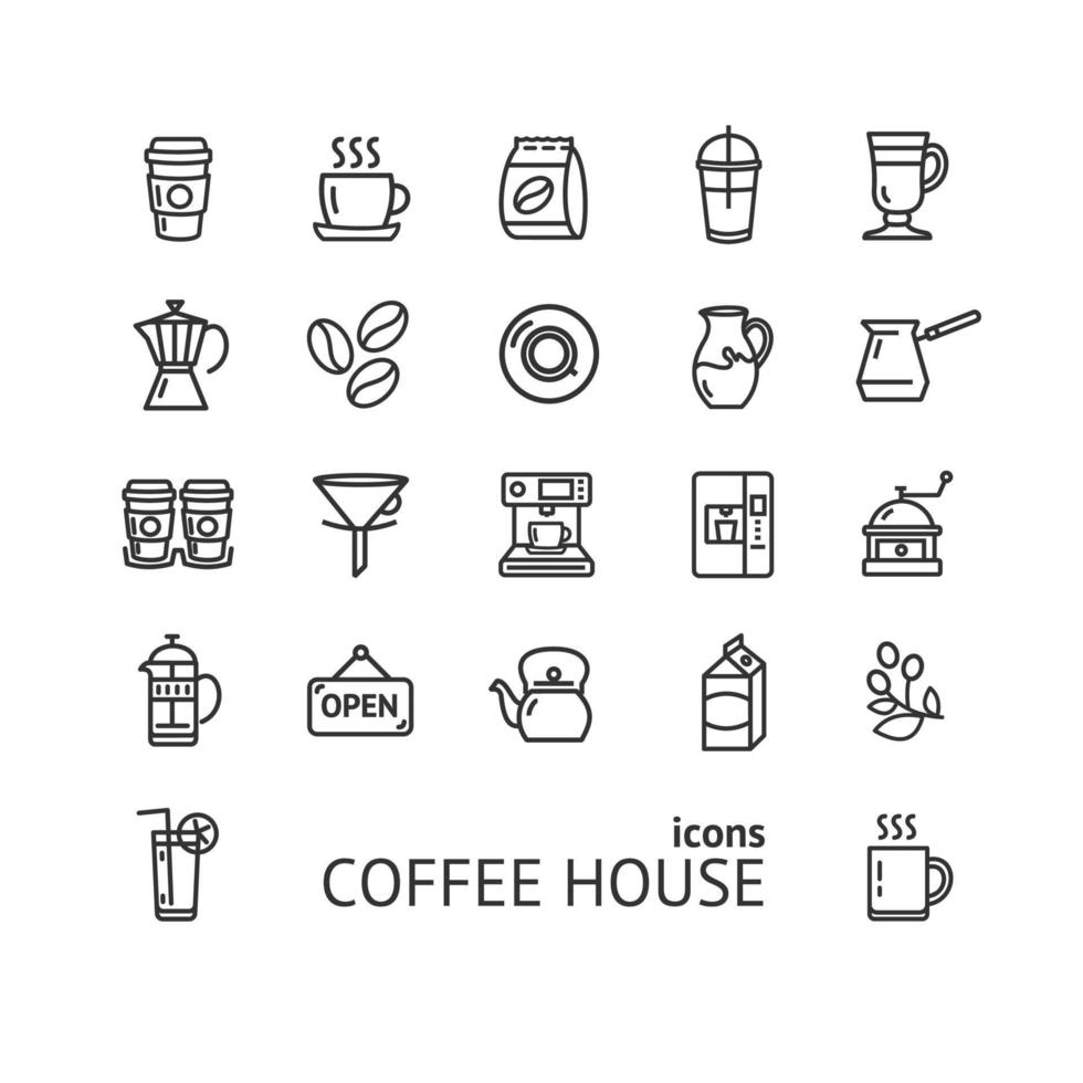 kaffe hus tecken svart tunn linje ikon uppsättning. vektor