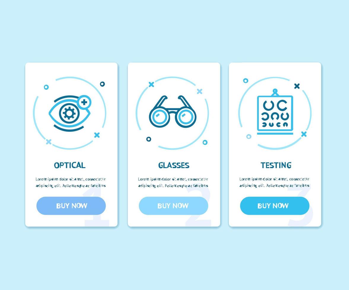 App-Bildschirme für Augenheilkunde und Optometrie Web-Banner-Karten-Set. Vektor