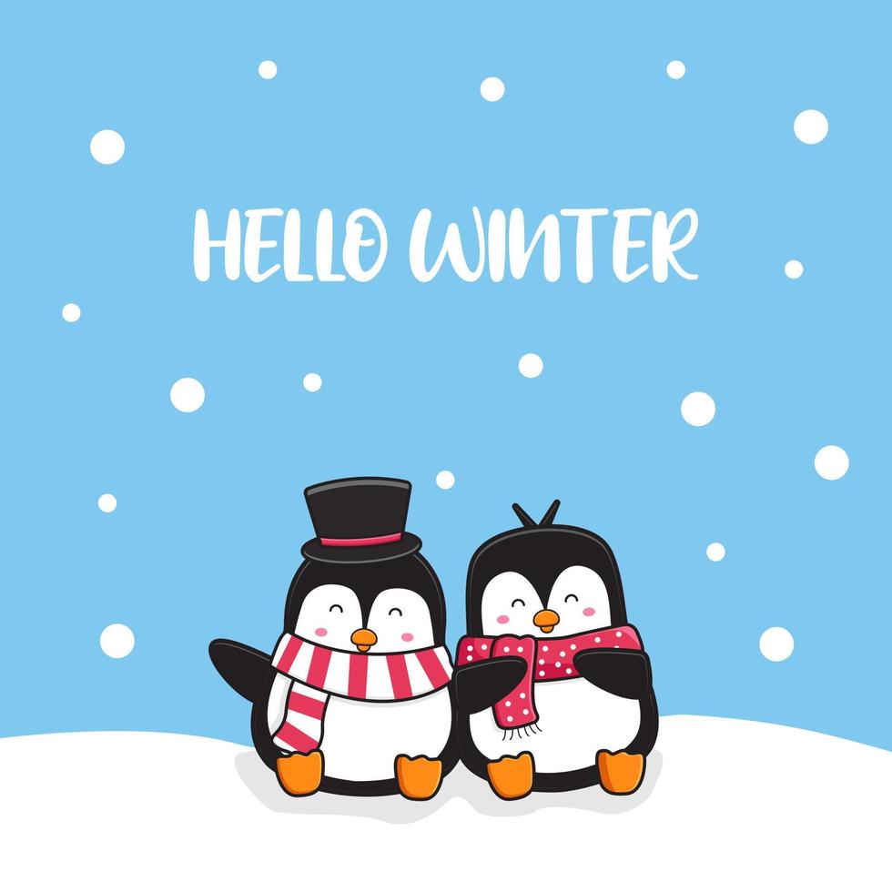 niedliches pinguinpaar, das hallo winterkarikatur-gekritzelkarten-hintergrundillustration grüßt vektor