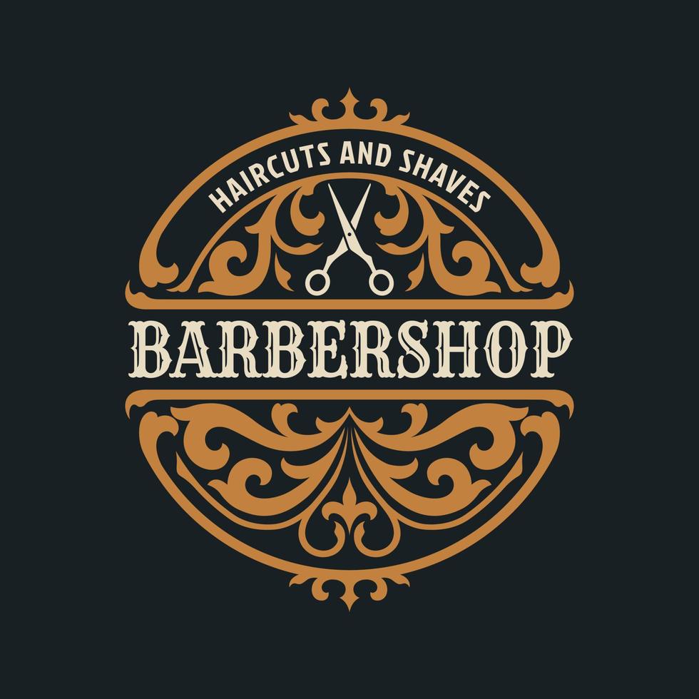 barbershop vintage luxus-rahmen-logo-abzeichen mit gedeihendem viktorianischen ornament vektor