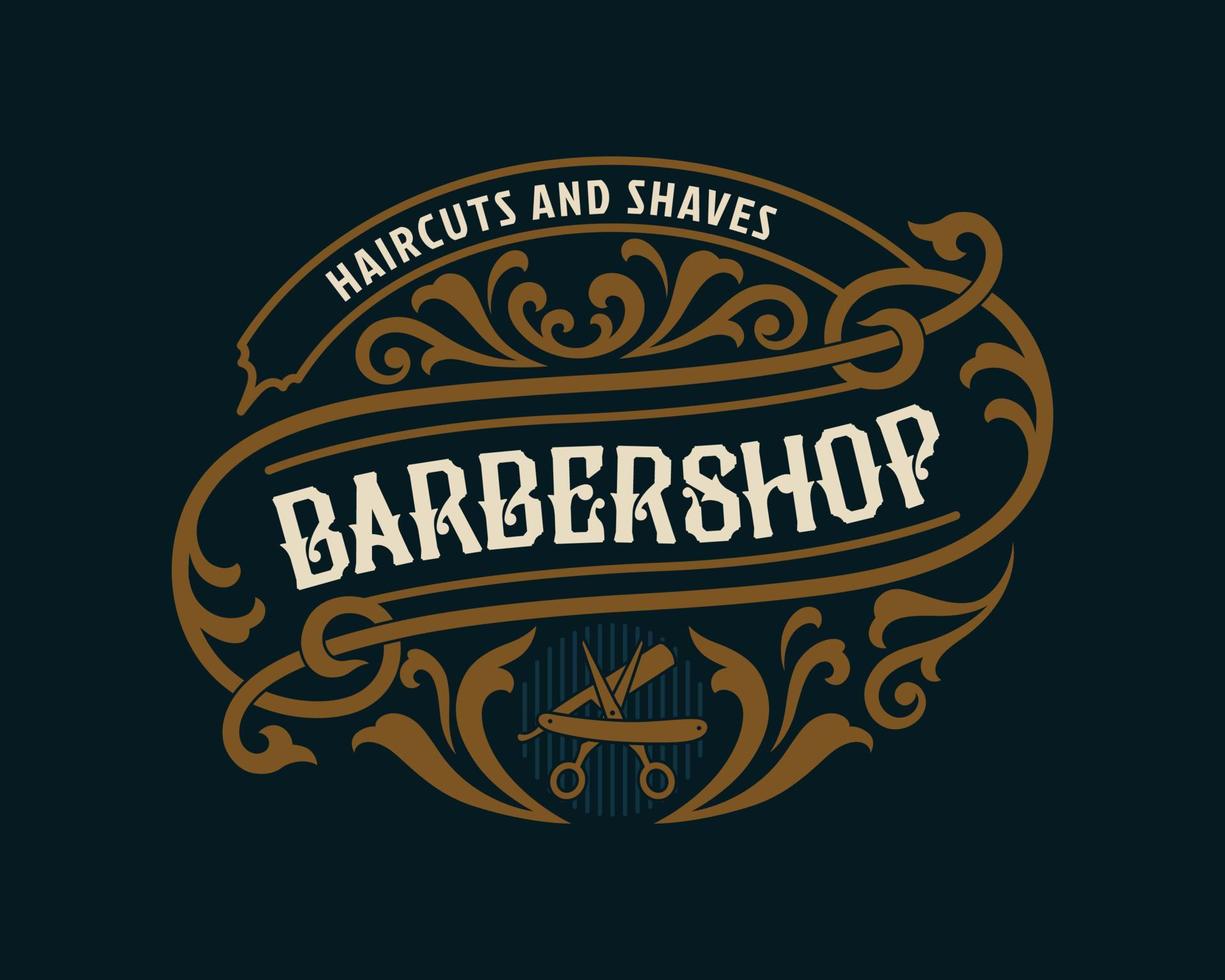 barbershop vintage luxus-rahmen-logo-abzeichen mit gedeihendem viktorianischen ornament vektor