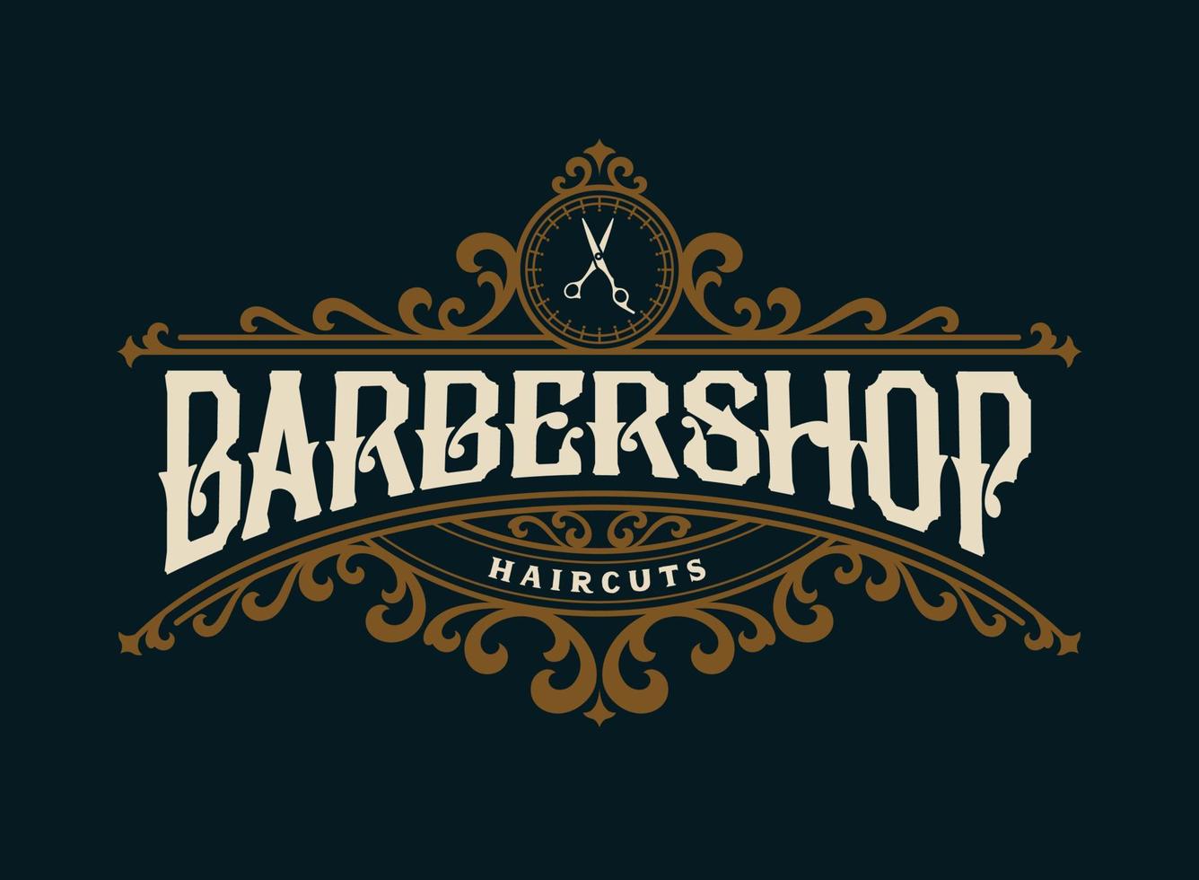 barbershop vintage luxus-rahmen-logo-abzeichen mit gedeihendem viktorianischen ornament vektor