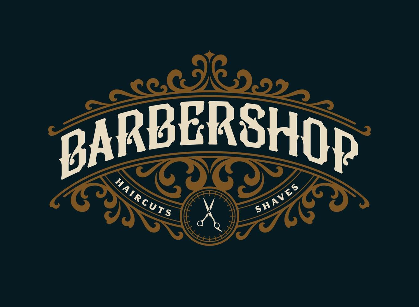 Barbershop vintage lyx ram logotyp märke med blomstrande viktoriansk prydnad vektor