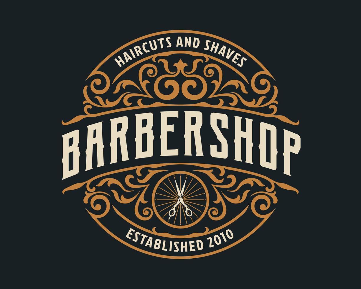Barbershop vintage lyx ram logotyp märke med blomstrande viktoriansk prydnad vektor
